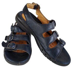 CLARKS Leather Sandals Womens 6M Blue Strappy Buckles Low Heel 86334 Lightweight